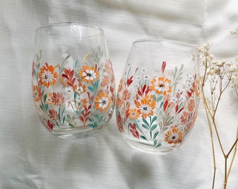 Set of 2 Hand- painted Stemless Glass Wine Glasses 16oz, Floral wine glasses, Fall wine glasses