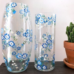 Hand Painted Floral Glass Vase 10&quot; , Flower glass vase , Hand painted vase, home decor, wedding gift.