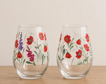 Wijnglas klaproos en gladiolen, augustus geboortebloem wijnglas zonder steel, klaproos steelloos glas.