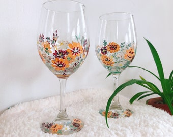 Set of 2 Hand Painted Floral Wine Glass 14 oz , Flower wine glass, Hand painted personalized  wine glasses