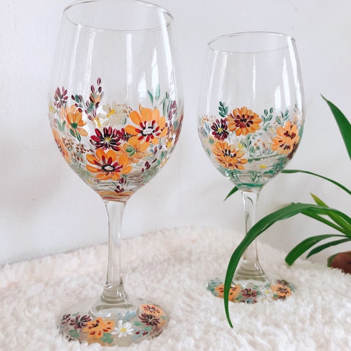Set of 2 Hand Painted Floral Wine Glass 14 Oz Flower Wine Etsy