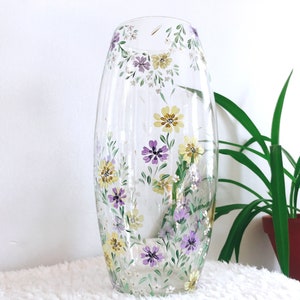Hand Painted Floral Glass Vase 10&quot; , Flower glass vase , Hand painted vase, home decor, wedding gift.