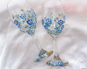 Set of 2 Hand Painted Floral Wine Glass 14 oz , Flower wine glass, Hand painted personalized wine glasses