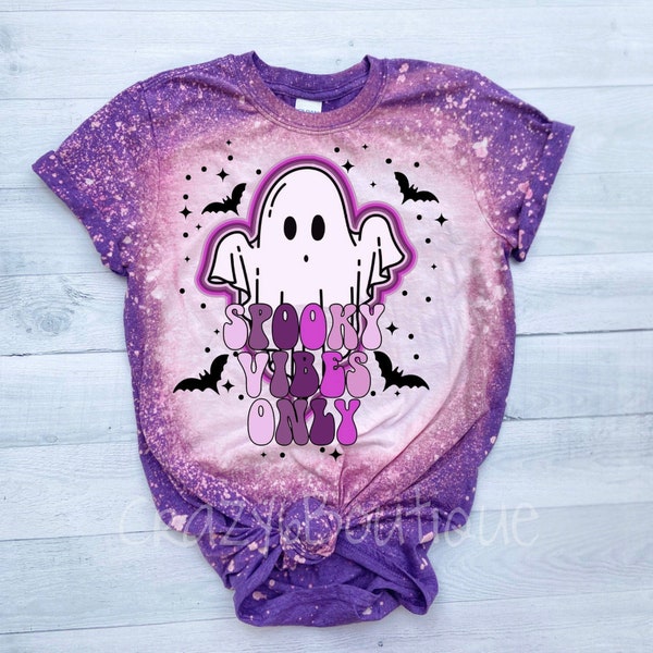 Spooky Vibes Tee | Bright | bats | ghost | purple tee | Bleached Shirt | Bleach | retro halloween | Fall Shirt | Halloween tee