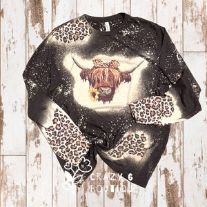 Highland cow leopard | bleached long sleeves | unisex | patches | sunflower | fluffy cow | southern tee | western shirt | gray
