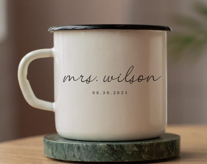 Mrs Mug Personalized Wedding Date Bride to Be Gift Bridal Shower Present Custom Gifts Newly Married Future Bride Groom Minimalist Coffee Cup