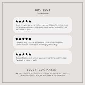 May include: Reviews for a shop called Lune Design Shop. The reviews are all positive and mention the quality of the products and the speed of shipping. The shop also has a "Love It Guarantee" that promises to make things right if a customer is not satisfied.