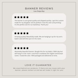 May include: Five-star reviews for a custom banner design shop. The reviews highlight the quality, speed of shipping, and the ability to personalize the banners. The shop offers a love it guarantee.