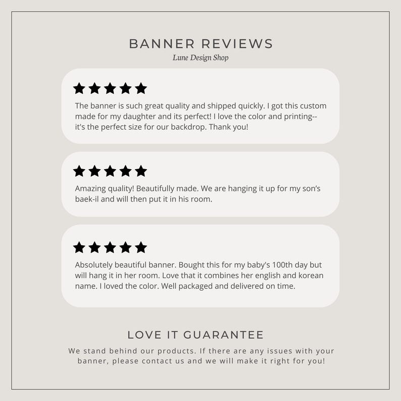 May include: Five-star reviews for a custom banner design shop. The reviews highlight the quality, speed of shipping, and the ability to personalize the banners. The shop offers a love it guarantee.