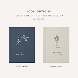 May include: Two notebooks with minimalist line art designs. One is navy blue with musical notes, the other is off-white with a microphone. Text reads "Icon Options" and "Select from either of the options below."