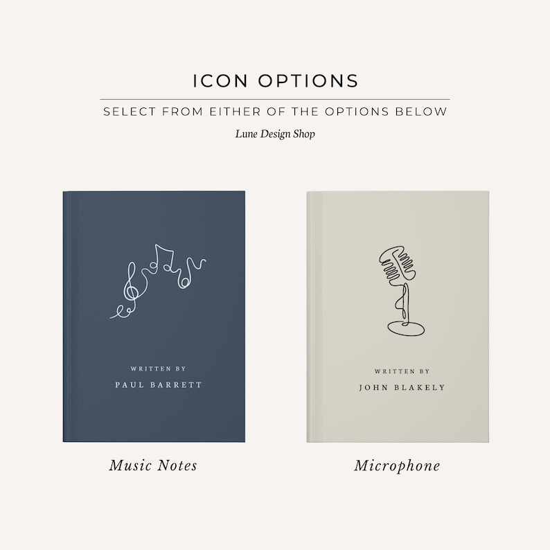 May include: Two notebooks with minimalist line art designs. One is navy blue with musical notes, the other is off-white with a microphone. Text reads "Icon Options" and "Select from either of the options below."