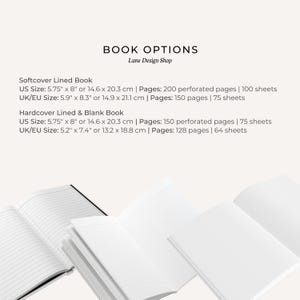 May include: A display of book options from Lune Design Shop featuring softcover and hardcover lined or blank books. US sizes include 5.75 inches by 8 inches with 200 or 150 perforated pages. UK/EU sizes are 5.9 inches by 8.3 inches or 5.2 inches by 7.4 inches.