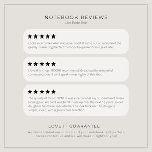 May include: A beige graphic with the text "NOTEBOOK REVIEWS" and "Lune Design Shop." It features three customer reviews with star ratings and a guarantee statement. The reviews praise the quality and design.