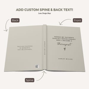 May include: Open book with a light beige cover. The front cover reads "THINGS MY PATIENTS SAID SO I NEVER FORGET WHY I BECAME A therapist" with a heart symbol. The back cover says "HEALING HAPPENS IN MOMENTS, NOT MILESTONES."