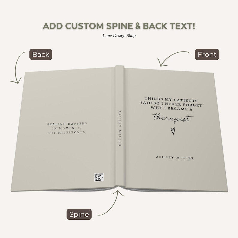 May include: Open book with a light beige cover. The front cover reads "THINGS MY PATIENTS SAID SO I NEVER FORGET WHY I BECAME A therapist" with a heart symbol. The back cover says "HEALING HAPPENS IN MOMENTS, NOT MILESTONES."