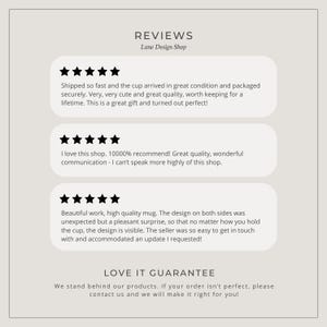 May include: A customer review graphic for Lune Design Shop featuring three five-star ratings with written testimonials about a cup and mug. The text includes REVIEWS, the shop name, and a LOVE IT GUARANTEE section at the bottom on a light gray background.