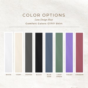 May include: Color options for a C1717 shirt from Lune Design Shop. The colors are white, ivory, pepper, black, blue jean, light green, violet, and crimson.