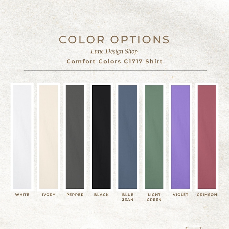 May include: Color options for a C1717 shirt from Lune Design Shop. The colors are white, ivory, pepper, black, blue jean, light green, violet, and crimson.