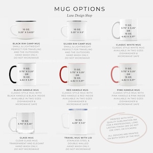 Puede incluir: Una exhibici&oacute;n de productos que muestra varias opciones de tazas. Las tazas vienen en diferentes estilos, incluyendo tazas de campamento con borde negro, tazas blancas cl&aacute;sicas y tazas de viaje con tapa. Cada taza tiene su tama&ntilde;o y caracter&iacute;sticas enumeradas.