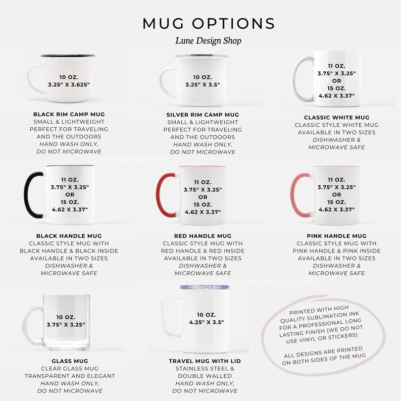 Puede incluir: Una exhibici&oacute;n de productos que muestra varias opciones de tazas. Las tazas vienen en diferentes estilos, incluyendo tazas de campamento con borde negro, tazas blancas cl&aacute;sicas y tazas de viaje con tapa. Cada taza tiene su tama&ntilde;o y caracter&iacute;sticas enumeradas.