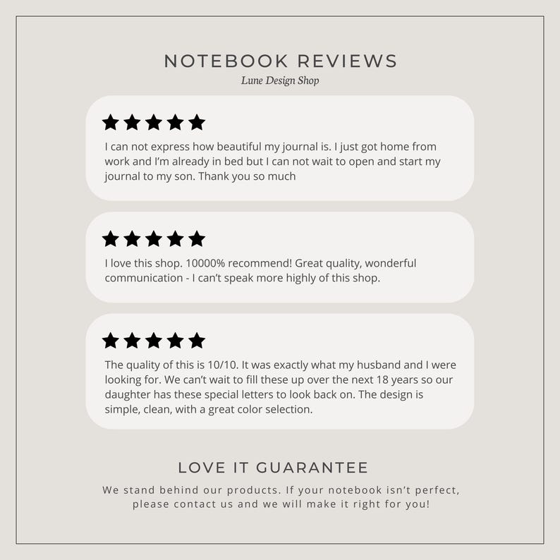 May include: A beige graphic with the text "NOTEBOOK REVIEWS" and "Lune Design Shop". The image features customer reviews with star ratings and a guarantee. The reviews praise the quality and design of the notebooks.
