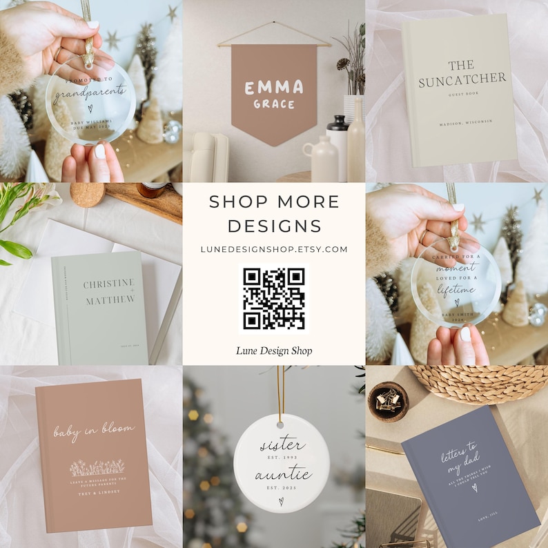 May include: A collage of various decorative items. Includes a clear ornament with text, a brown banner with the name "Emma Grace", and several books with titles like "The Suncatcher" and "Letters to my Dad". The image also features a QR code.