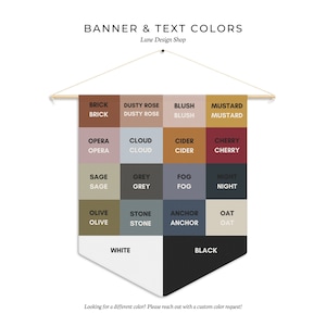 May include: A chart with a variety of color swatches, labeled with names like "Brick", "Dusty Rose", "Blush", "Mustard", "Opera", "Cloud", "Cider", "Cherry", "Sage", "Grey", "Fog", "Night", "Olive", "Stone", "Anchor", "Oat", "White", and "Black". The chart is titled "Banner & Text Colors" and "Lune Design Shop".