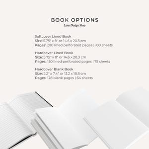Op de afbeelding: Productafbeelding met boekopties van Lune Design Shop. De tekst beschrijft softcover en hardcover gelinieerde boeken en een hardcover blanco boek. Maten worden gegeven in inches en cm. Open boeken met gelinieerde en blanco pagina's zijn zichtbaar.