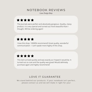 May include: A light beige graphic with the text "NOTEBOOK REVIEWS" and "Lune Design Shop". Three customer reviews are displayed with five-star ratings. The bottom of the graphic reads "LOVE IT GUARANTEE".