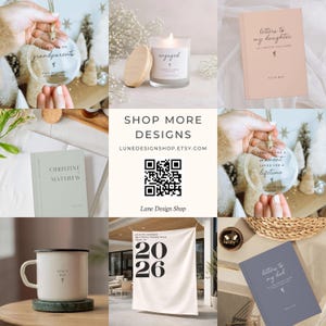 May include: A collage of personalized gifts including clear glass ornaments, a candle with a wooden lid, a peach journal titled Letters to my daughter, a sage green book, a white enamel mug, a 2026 graduation banner, and a blue journal titled Letters to my dad.