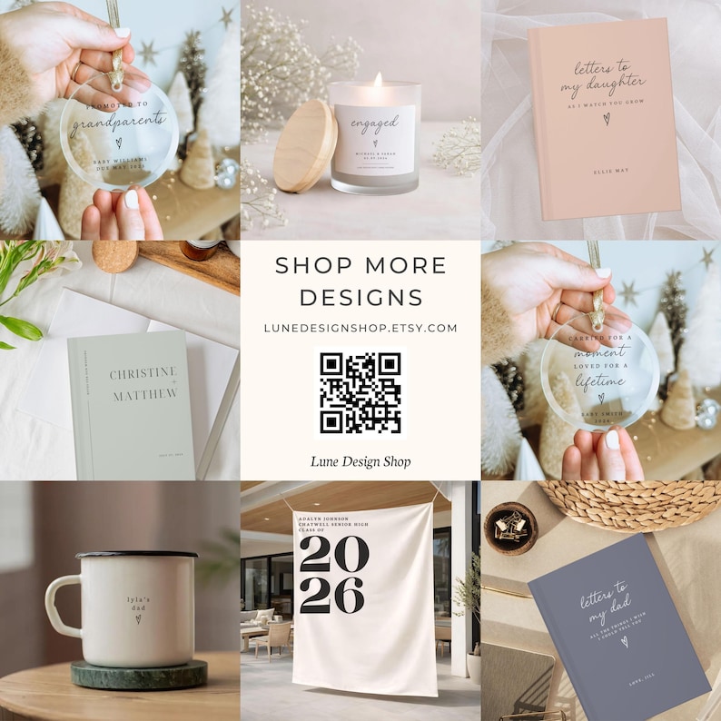 May include: A collage of personalized gifts including clear glass ornaments, a candle with a wooden lid, a peach journal titled Letters to my daughter, a sage green book, a white enamel mug, a 2026 graduation banner, and a blue journal titled Letters to my dad.