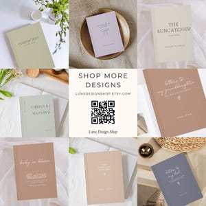 Op de afbeelding: Een verzameling hardcover journals in diverse kleuren, waaronder saliegroen, lavendel en bruin. Elk journal heeft aangepaste tekst of titels zoals "Letters to My Dad" en "The Suncatcher". De afbeelding bevat ook de tekst "Shop More Designs" en de Etsy shop URL.