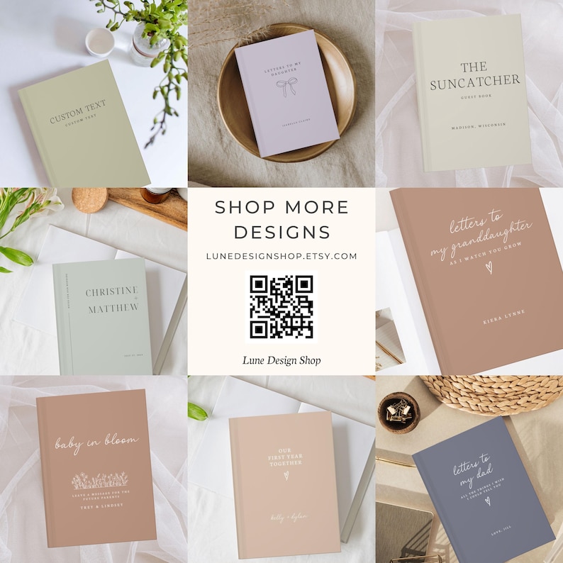 Op de afbeelding: Een verzameling hardcover journals in diverse kleuren, waaronder saliegroen, lavendel en bruin. Elk journal heeft aangepaste tekst of titels zoals "Letters to My Dad" en "The Suncatcher". De afbeelding bevat ook de tekst "Shop More Designs" en de Etsy shop URL.