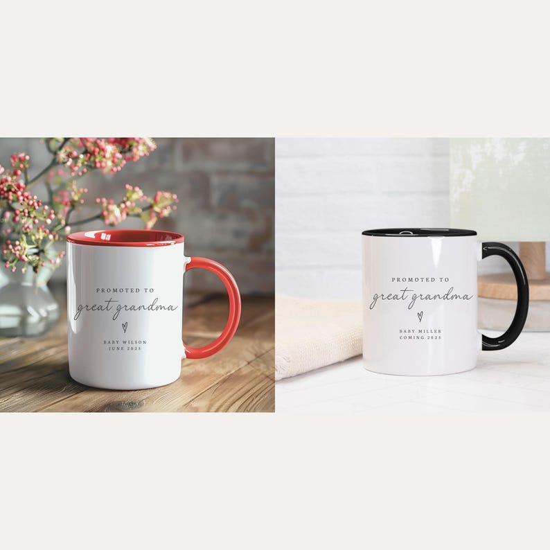 May include: Two white coffee mugs with black and red accents. The mugs have the text "Promoted to Great Grandma" with a heart and the name of the grandchild and the year.