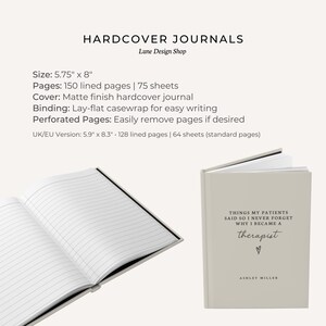 May include: Hardcover journal with lined pages. The journal is 5.75" x 8" and features a matte finish cover. The cover is light beige with the text "THINGS MY PATIENTS SAID SO I NEVER FORGET WHY I BECAME A therapist" and a heart symbol.