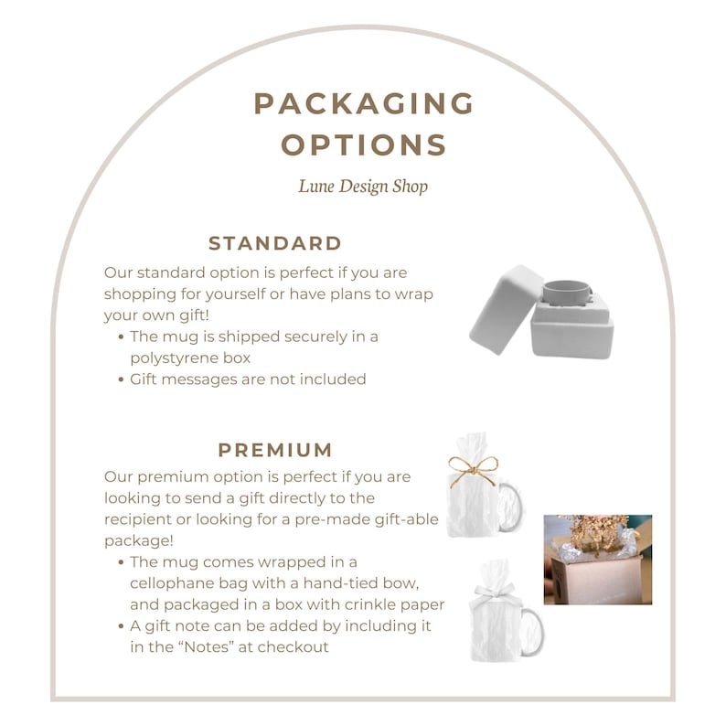 May include: Two packaging options for a mug are shown. The standard option includes a polystyrene box. The premium option includes a cellophane bag with a hand-tied bow, a box with crinkle paper, and a gift note option. The text "PACKAGING OPTIONS" and "Lune Design Shop" is at the top of the image.