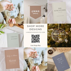 May include: A collage of personalized gifts and home decor items, including ornaments, banners, journals, and a book. The items feature various designs and text, such as "Our First Christmas as Mr. & Mrs. Thompson", "Baby in Bloom", "Heart Warrior's First Christmas", and "Letters to My Dad".
