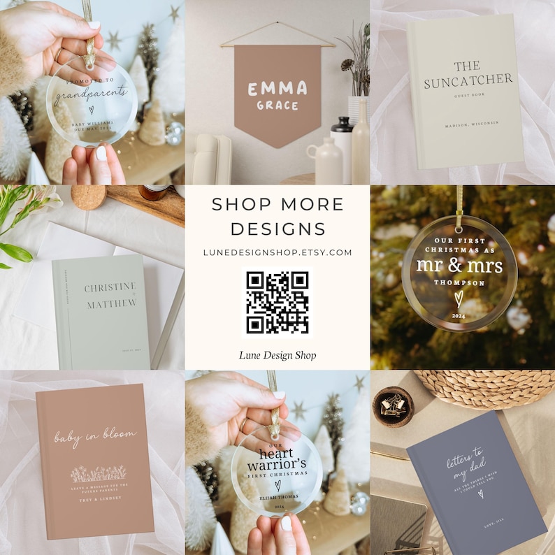 May include: A collage of personalized gifts and home decor items, including ornaments, banners, journals, and a book. The items feature various designs and text, such as "Our First Christmas as Mr. & Mrs. Thompson", "Baby in Bloom", "Heart Warrior's First Christmas", and "Letters to My Dad".