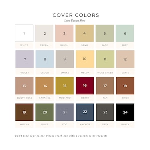 Op de afbeelding: Een kleurenkaart met 24 kleurstalen, elk genummerd en met een kleurnaam. De kleuren vari&euml;ren van wit tot zwart, inclusief tinten als blush, salie en bes. De tekst "COVER COLORS" en "Lune Design Shop" staat bovenaan.