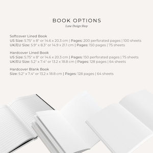 May include: Image of open notebooks with lined and blank pages. The text "BOOK OPTIONS" is at the top, with details about softcover and hardcover books, including sizes in inches and centimeters, and page counts.
