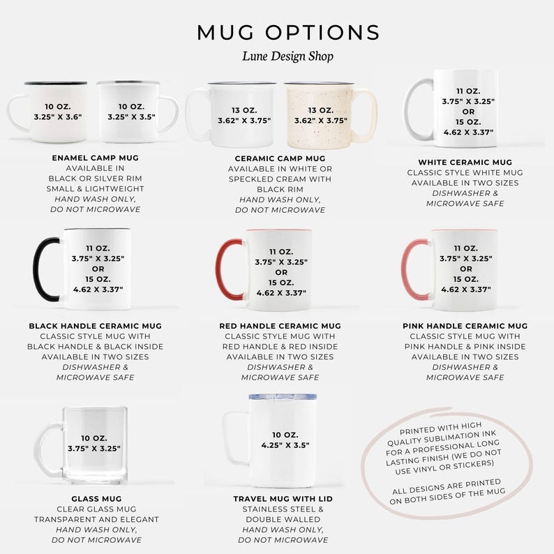 May include: A product display featuring various mug options. The mugs come in different styles, including enamel camp mugs, ceramic camp mugs, and ceramic mugs with colored handles. Sizes range from 10 oz to 15 oz.