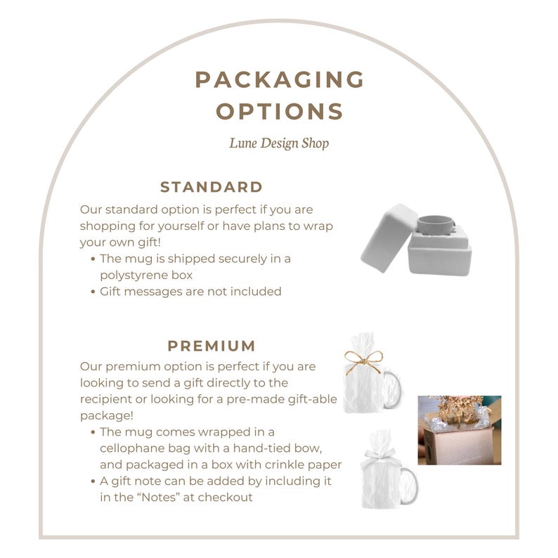 May include: An image detailing packaging options from Lune Design Shop. The text describes a standard option with a mug in a polystyrene box and a premium option with a mug in a cellophane bag with a hand-tied bow and crinkle paper.