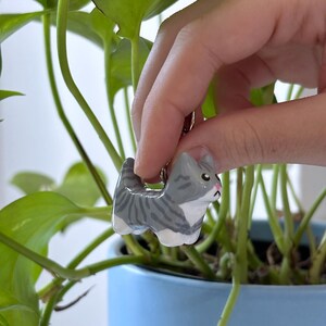 May include: A small, three-dimensional cat figurine keychain featuring a grey and white tabby pattern. The cat has a smooth, glossy finish, pointed ears, and a small pink nose, with a metal ring attached to the top for use as a functional keychain.