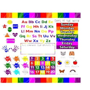 May include: A colourful educational chart featuring the alphabet, numbers 1 to 20, days of the week, and various shapes and colours. The chart is designed for children learning basic concepts.