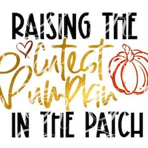 May include: A gold glitter graphic with the text "Raising the Cutest Pumpkin in the Patch" with a red and gold glitter pumpkin illustration.