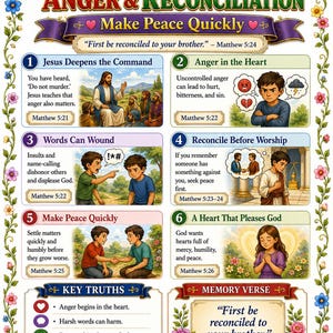 Könnte beinhalten: Ein religiöses Lehrplakat mit dem Titel Matthew 5: Anger & Reconciliation, das sechs nummerierte Felder mit Illustrationen und Texten zu biblischen Lehren enthält. Der Rand ist mit bunten Blumen verziert, und unten befinden sich wichtige Wahrheiten und ein Vers.