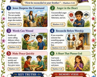 Anger and Reconciliation Bible Study Bundle, Matthew 5 Poster, Worksheet, Teacher Lesson, Study Guide, Quiz, (PDF, PNG and MP4 Downloads)