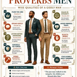 Könnte beinhalten: Ein Lehrplakat mit dem Titel Proverbs Men, das zwei Personen in Anzügen zeigt, eine in Dunkelgrün und eine in Beige. Die Grafik listet zehn nummerierte weise Eigenschaften mit Symbolen und Bibelstellen sowie Kernwahrheiten und einen Vers auf.
