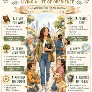 May include: An illustrated poster titled "The True Disciple: Living a Life of Obedience." The image depicts a diverse group of people, including a woman holding a Bible, and a golden retriever. The poster outlines key principles with scripture references.