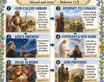Puede incluir: Un póster titulado Abraham's Faith Journey con seis paneles ilustrados que representan eventos bíblicos, rodeados por un borde floral. Incluye resúmenes de texto, referencias bíblicas, verdades clave y un versículo para memorizar.
